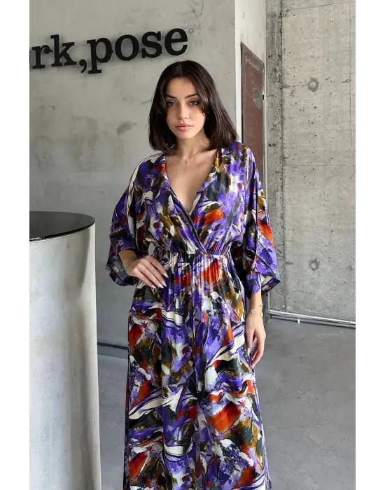 Dokuma Baskılı Yarasa Kol Elbise S8124