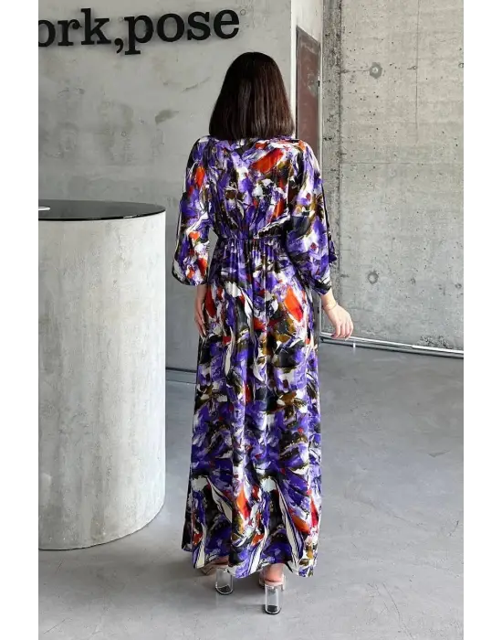 Dokuma Baskılı Yarasa Kol Elbise S8124