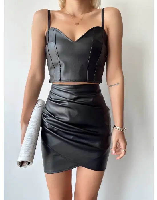 Drapeli Deri Etek Siyah W26771