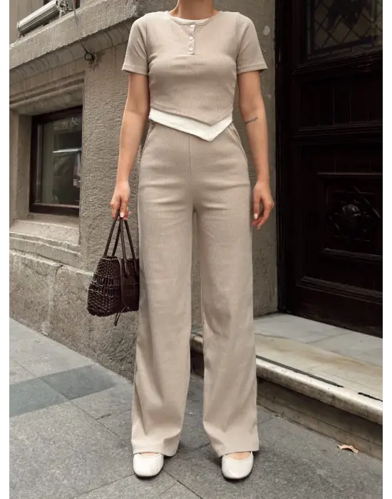 Düğme Yakalı Bej Alt Üst Takım S3943