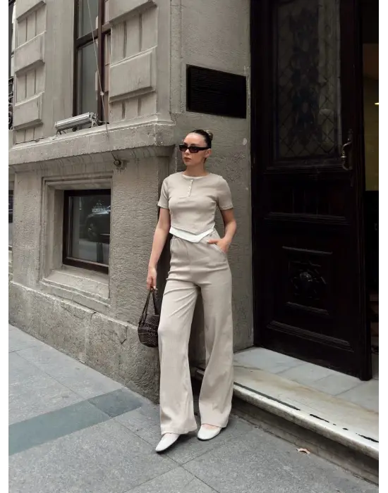 Düğme Yakalı Bej Alt Üst Takım S3943