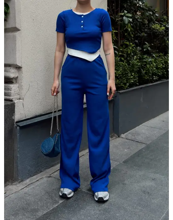 Düğme Yakalı Saks Alt Üst Takım S3943