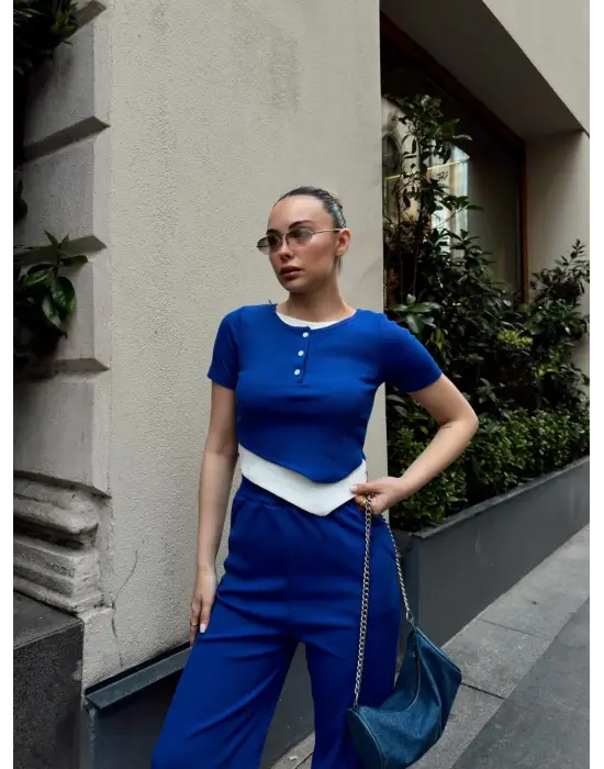 Düğme Yakalı Saks Alt Üst Takım S3943