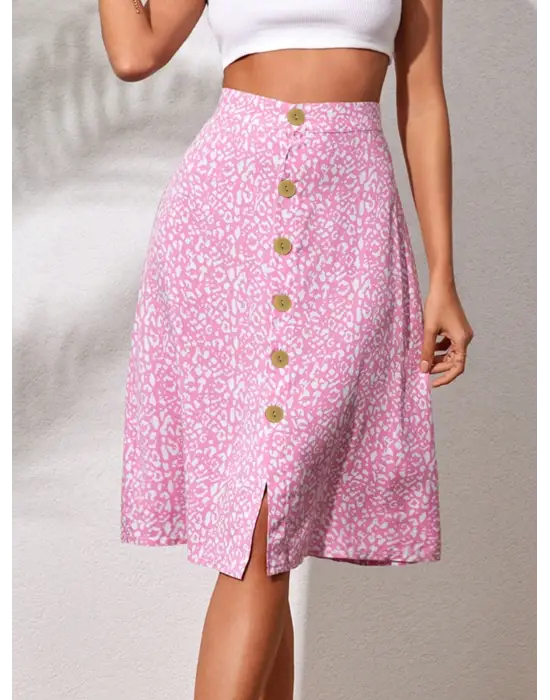 Düğmeli Baskılı Midi Etek