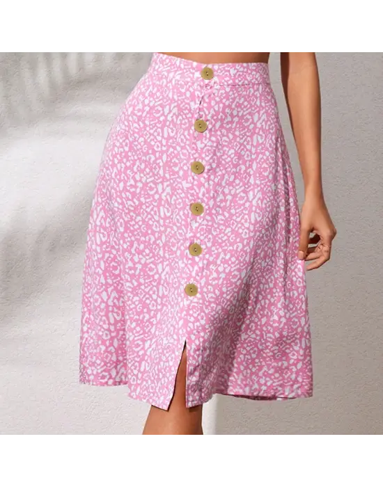 Düğmeli Baskılı Midi Etek