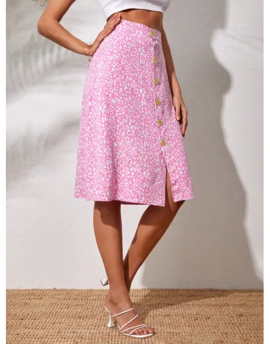 Düğmeli Baskılı Midi Etek