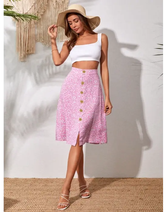 Düğmeli Baskılı Midi Etek