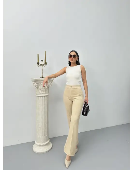 Düğmeli Palazzo Pantolon Bej P170091