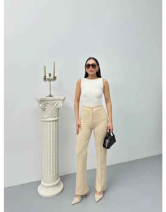 Düğmeli Palazzo Pantolon Bej P170091