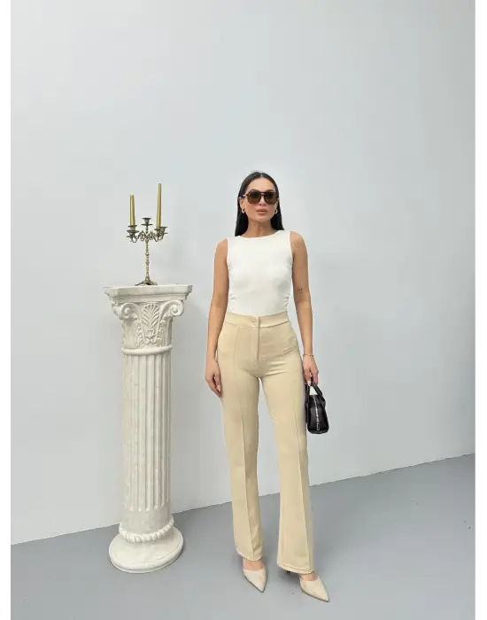 Düğmeli Palazzo Pantolon Bej P170091