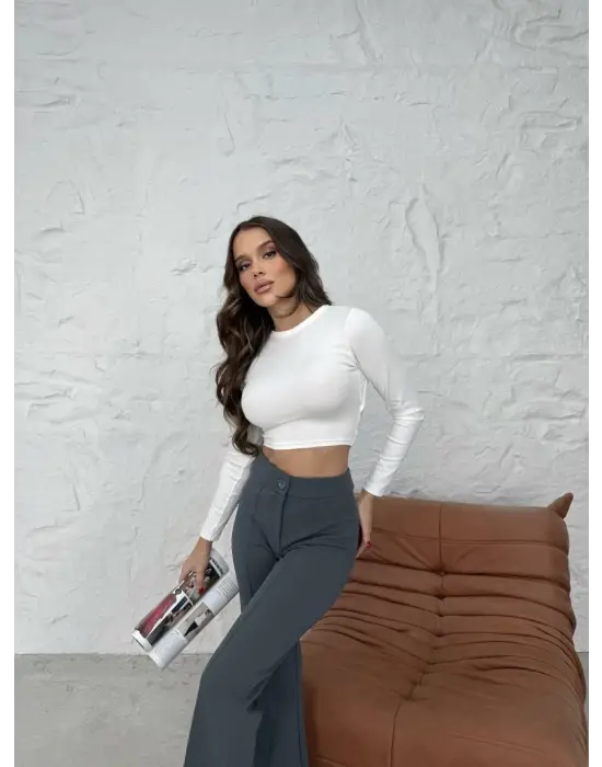 Düğmeli Palazzo Pantolon Füme P170091