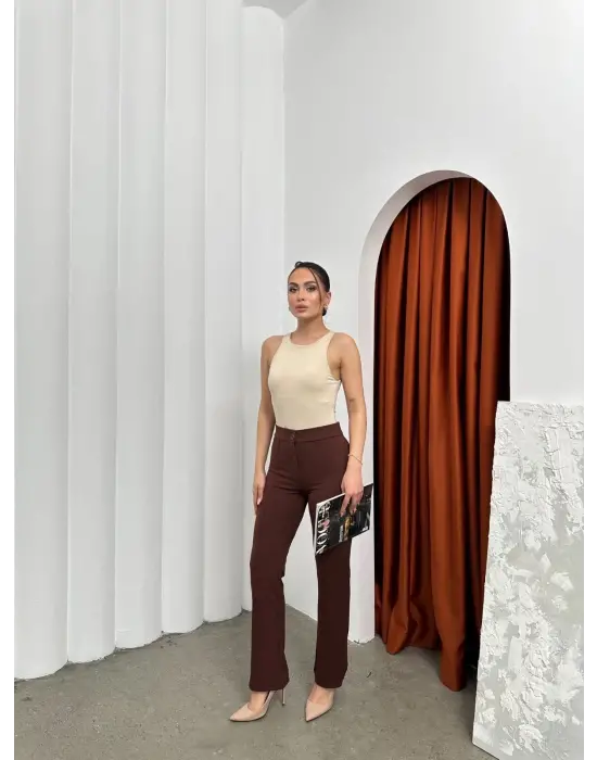 Düğmeli Palazzo Pantolon Kahve P170091