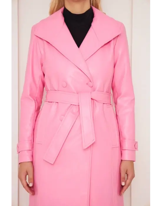 Düğmeli Uzun Deri Kaban