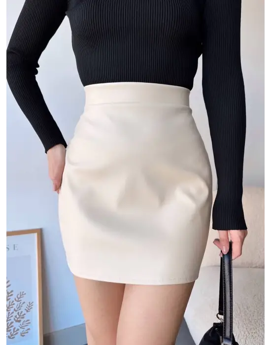 Düz Deri Etek Bej H24468