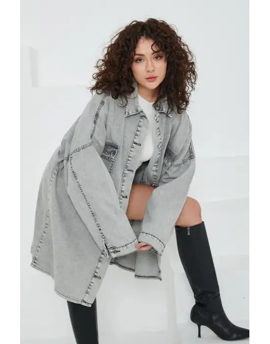 Düz Gömlek Yaka Kadın Gri Kuş Gözü Cepli Kot Ceket