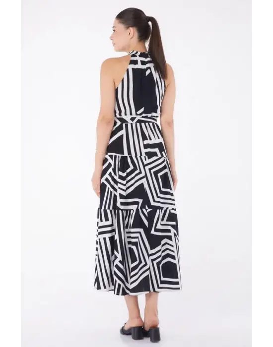 Düz Hakim Yaka Kadın Beyaz Desenli Reglan Kol Elbise