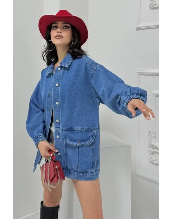 Düz Orta Kadın Mavi Cepli Kot Ceket