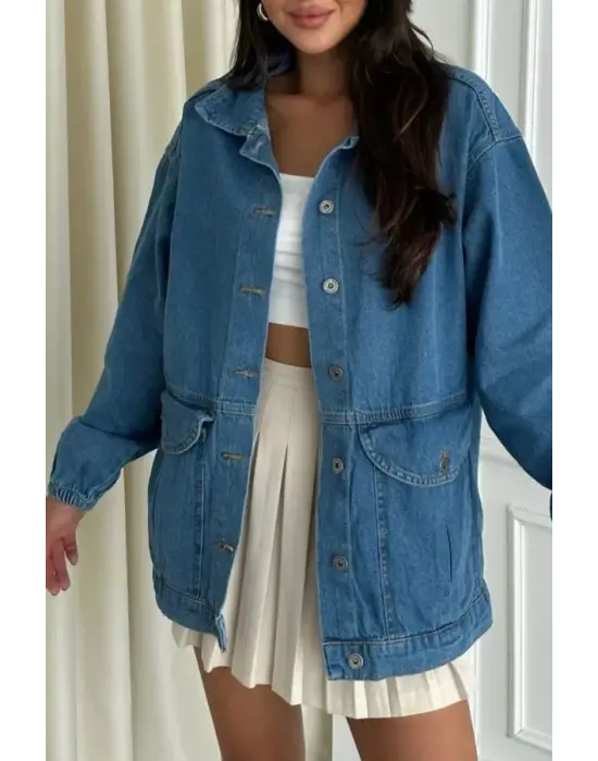 Düz Orta Kadın Mavi Cepli Kot Ceket