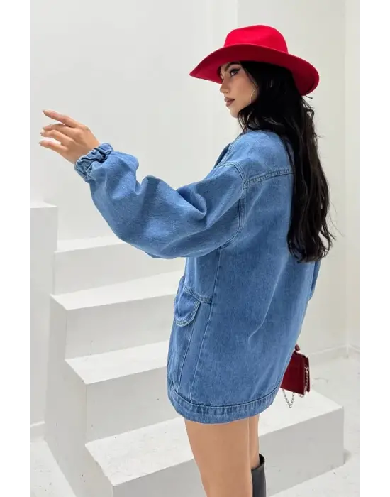 Düz Orta Kadın Mavi Cepli Kot Ceket