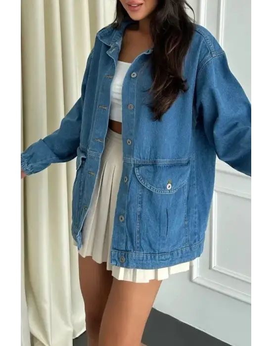 Düz Orta Kadın Mavi Cepli Kot Ceket