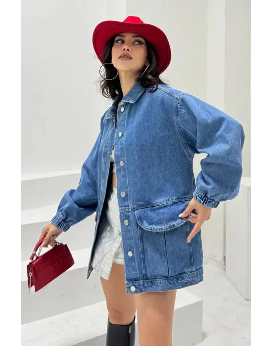 Düz Orta Kadın Mavi Cepli Kot Ceket