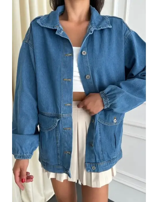 Düz Orta Kadın Mavi Cepli Kot Ceket