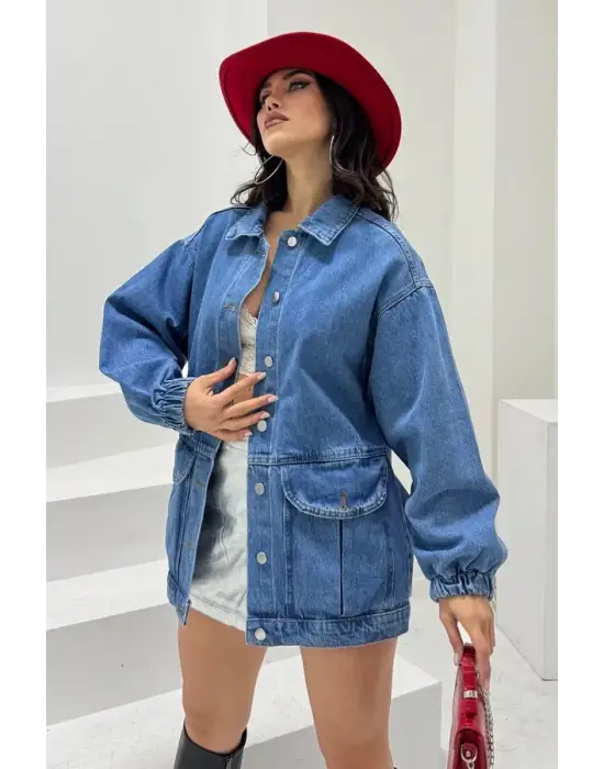 Düz Orta Kadın Mavi Cepli Kot Ceket