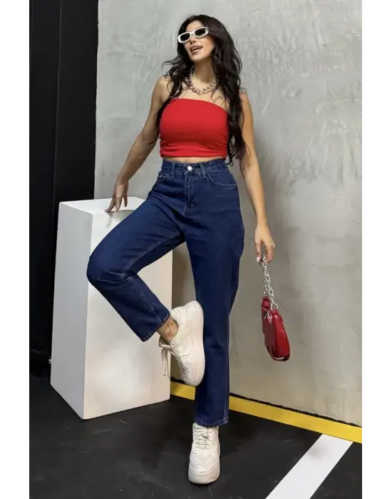 Düz Orta Kadın Mavi Slim Fit Mom Pantolon