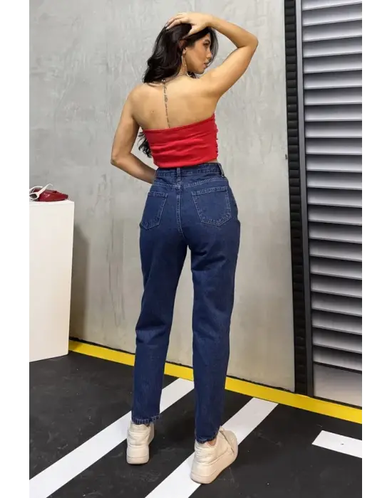 Düz Orta Kadın Mavi Slim Fit Mom Pantolon