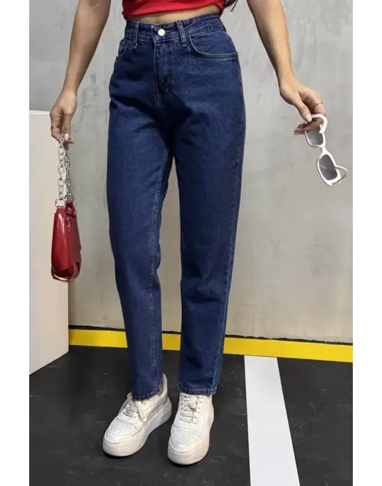 Düz Orta Kadın Mavi Slim Fit Mom Pantolon