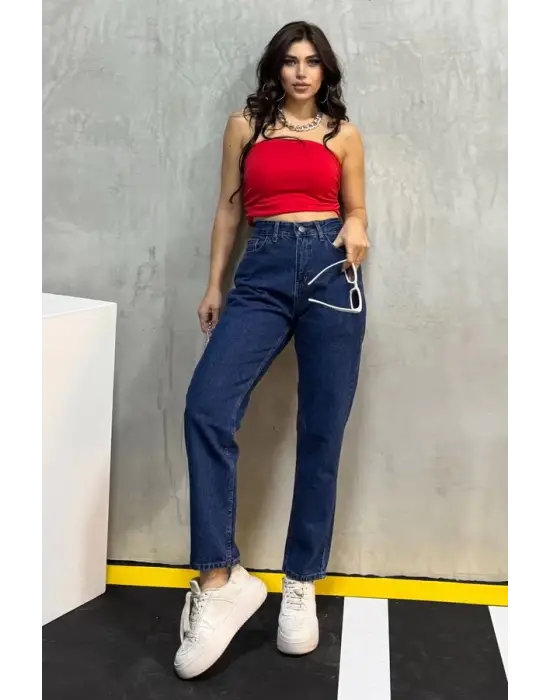 Düz Orta Kadın Mavi Slim Fit Mom Pantolon