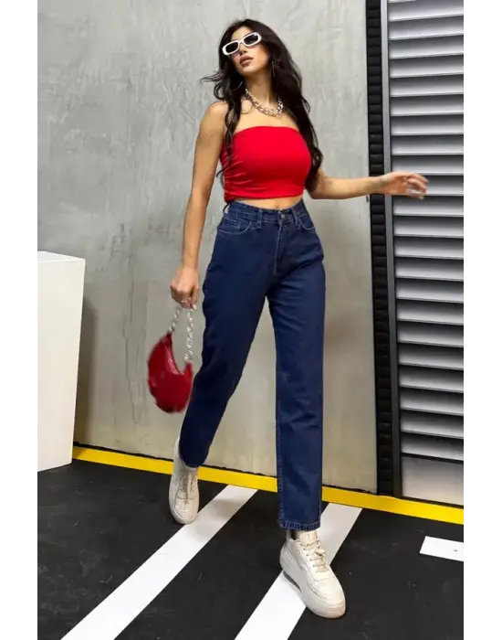 Düz Orta Kadın Mavi Slim Fit Mom Pantolon