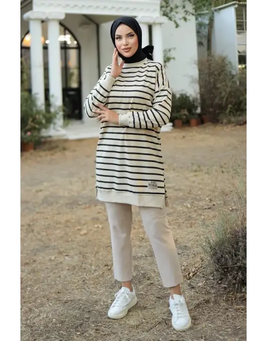 Düz Orta Kadın Siyah Çizgili Armalı Tunik