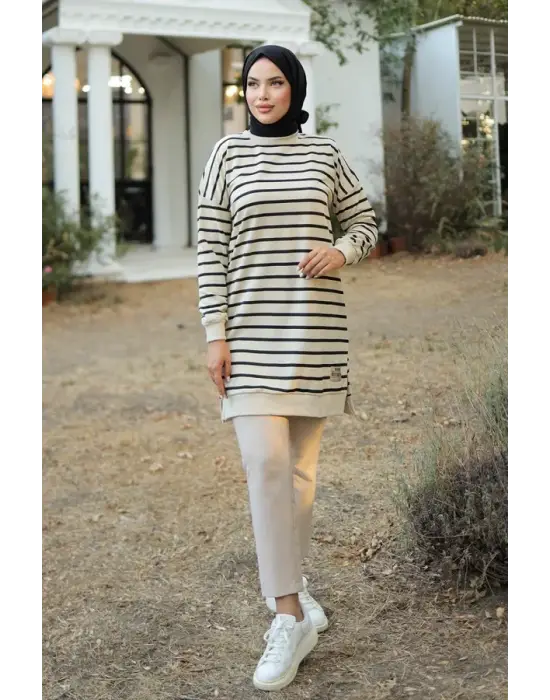 Düz Orta Kadın Siyah Çizgili Armalı Tunik