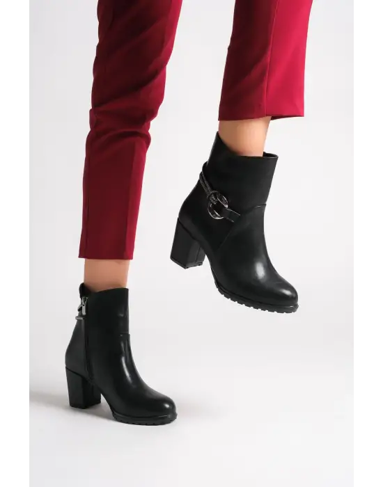 Edna Fermuarlı Ortopedik Taban Taşlı Topuklu Kadın Bot St - Siyah