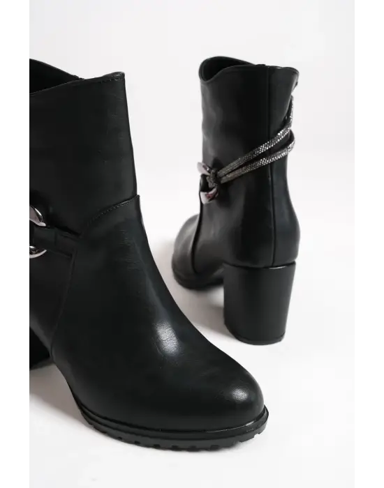 Edna Fermuarlı Ortopedik Taban Taşlı Topuklu Kadın Bot St - Siyah