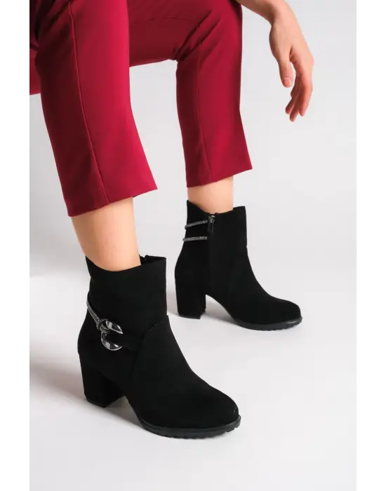 Edna Fermuarlı Ortopedik Taban Taşlı Topuklu Süet Kadın Bot St - Siyah