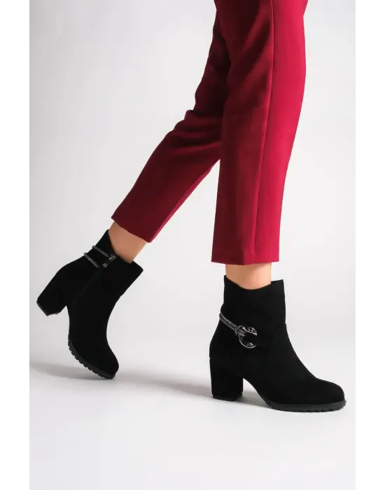 Edna Fermuarlı Ortopedik Taban Taşlı Topuklu Süet Kadın Bot St - Siyah