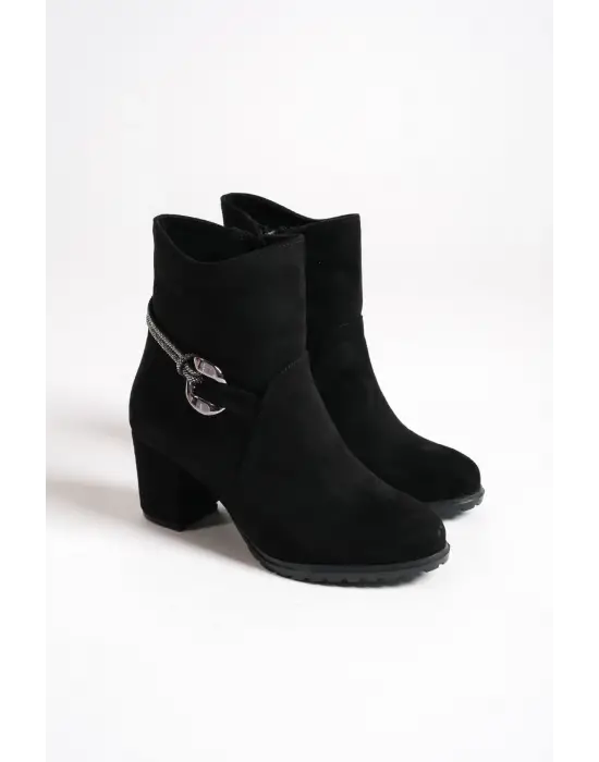 Edna Fermuarlı Ortopedik Taban Taşlı Topuklu Süet Kadın Bot St - Siyah