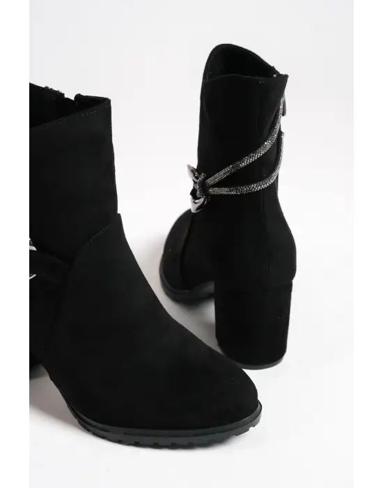 Edna Fermuarlı Ortopedik Taban Taşlı Topuklu Süet Kadın Bot St - Siyah