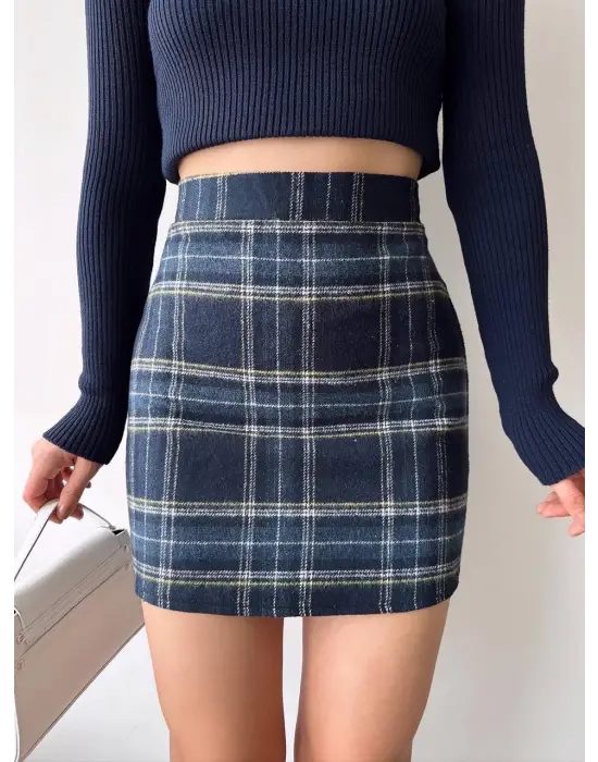 Ekoseli Kaşe Etek Lacivert Hf