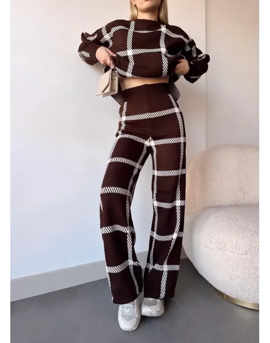 Ekoseli Triko Takım Kahvebeyaz