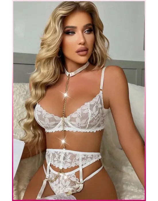 Ekru Göğüs Balenli Dantelli Zincir Detaylı Seksi Jartiyer Takım