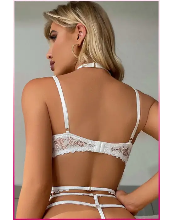 Ekru Göğüs Balenli Dantelli Zincir Detaylı Seksi Jartiyer Takım