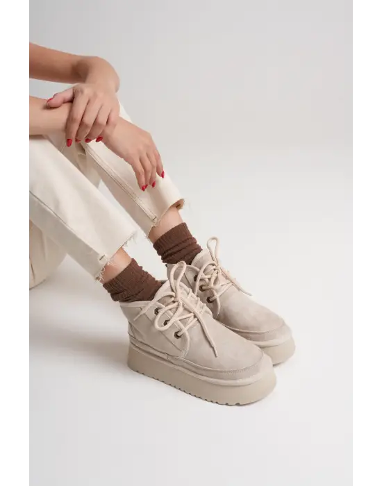 Elena Kadın Bej Kışlık İçi Kürklü Kalın Taban Bot