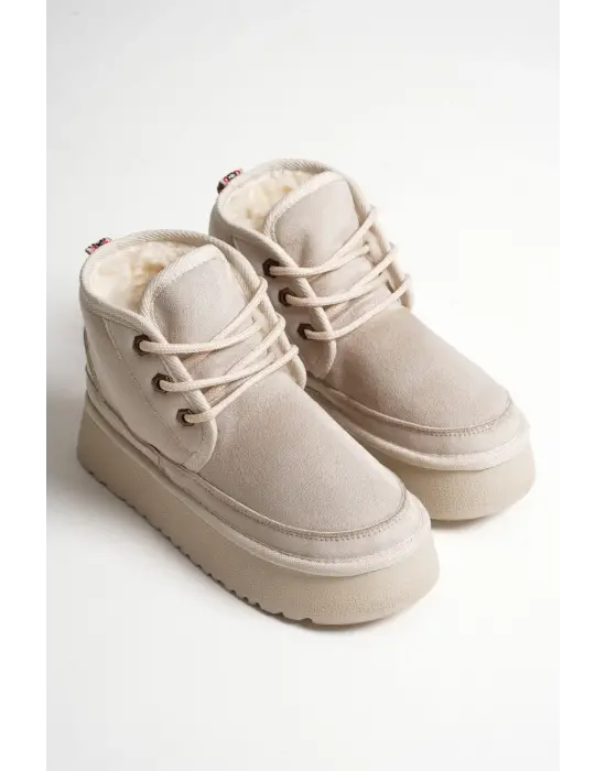Elena Kadın Bej Kışlık İçi Kürklü Kalın Taban Bot