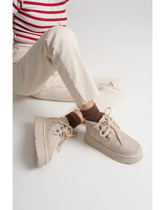 Elena Kadın Bej Kışlık İçi Kürklü Kalın Taban Bot