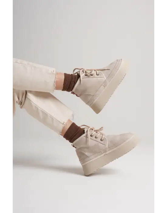 Elena Kadın Bej Kışlık İçi Kürklü Kalın Taban Bot