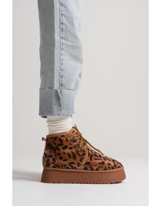 Elena Kadın Kışlık İçi Kürklü Kalın Taban Leopar Desen Bot