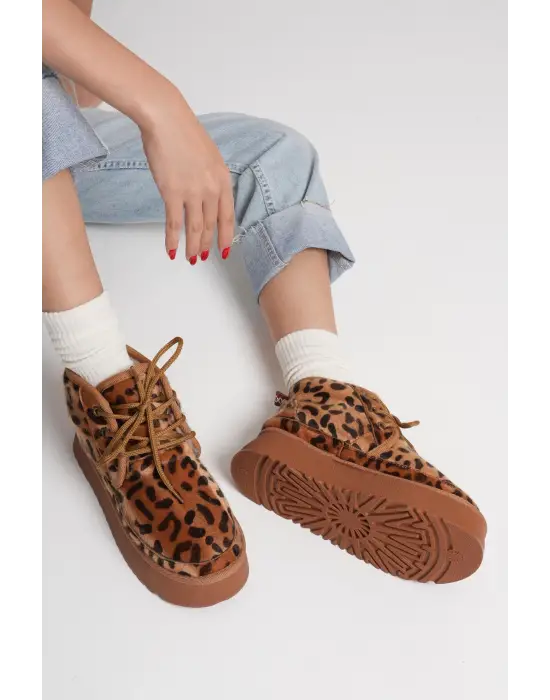 Elena Kadın Kışlık İçi Kürklü Kalın Taban Leopar Desen Bot